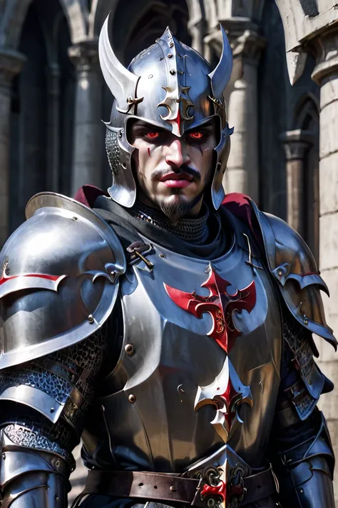 a male saint knight wearing heavy armor male vampire red eyes lips pointed teeth