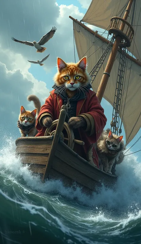 8.	Pirates of the Caribbean: A scruffy Somali cat with wild fur, steering a pirate ship through stormy seas with his crew of feline pirates, as crashing waves batter the sides of the ship.