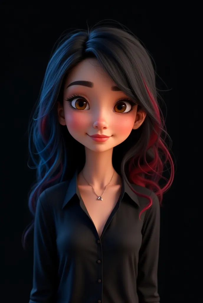 Create an   in the Disney Pixar style with brown eyes, black hair with a blue and a red streak and with a black blouse with the background of the image all black 