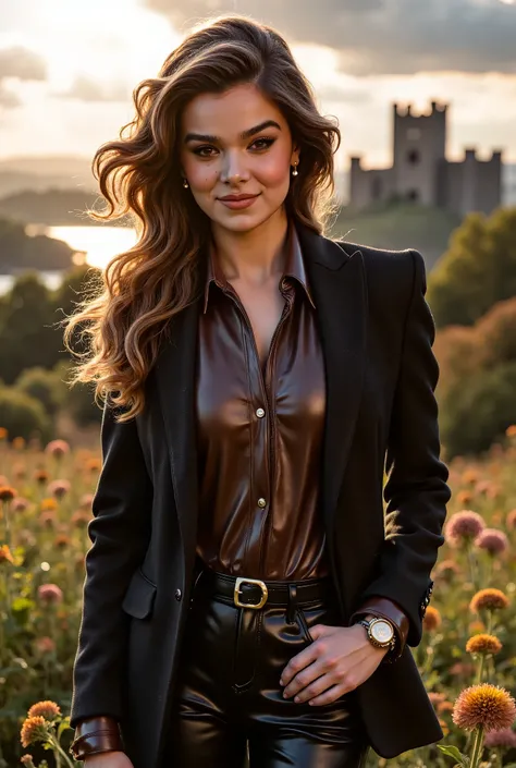 hailstnewv3, a gorgeous European woman, wavy brunette hair in the wind. shes a men magazine model, She has a subtle smile and flirts with the camera, (she wears leather shirt), (with a long wool sweater and pvc leggings:1.2),background landscape of Scotlan...