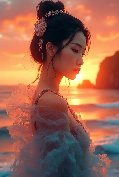 High quality, 8K Ultra HD, The coastline of the goddess at sunset is used as a background for the goddess, Details are integrated into the Goddess. sharp lines, The background is a solid color, sharp focus, double exposure, By Yukisakura, Stunning full col...