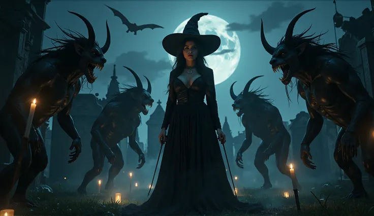 in a dimly lit, eerie cemetery at dusk, a ravishing female wizard stands tall, her intricate wiccan makeup shimmering under the ...