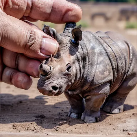 a baby rhino miniature standing over a man's hand palm, hyper realistic, super detailed. only rhino and hand should appear ((fan...