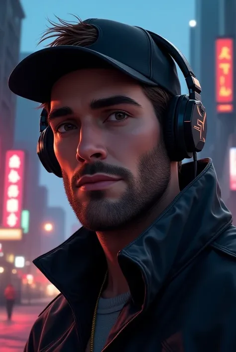 GTA V-style male character with back cap ,  cropped eyebrow gammer-style headphones that is handsome and has a short beard