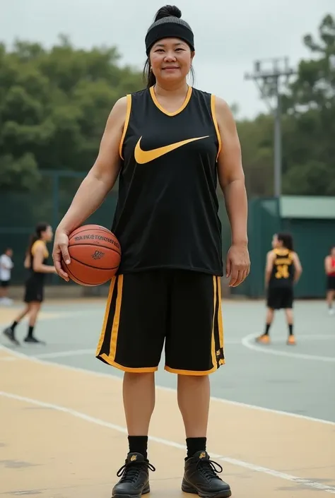 Very taller  very robust      Chinese woman, 1.90 metres tall, 38 years old,  his great height must be noticeable ,  long hair, face without makeup with normal wrinkles for her age, She wears a muscular black and yellow basketball shirt with the yellow Nik...