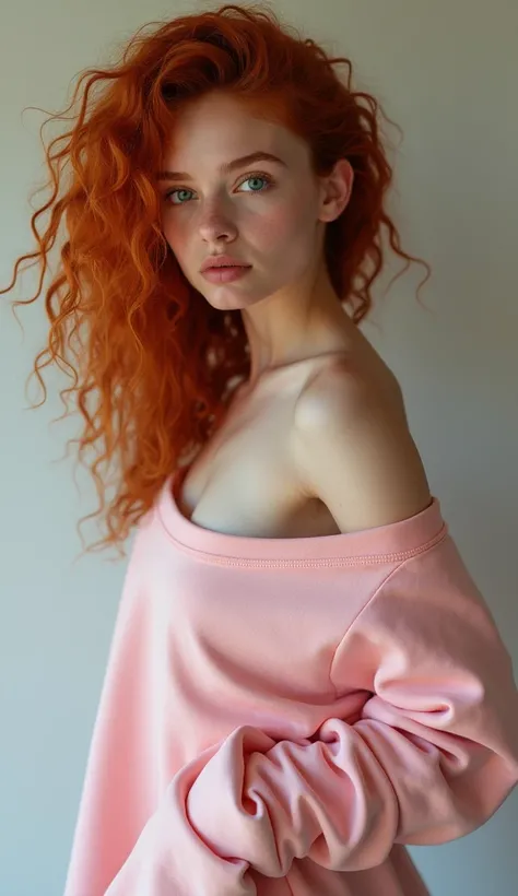 teen, nymphomaniac, redhead hair, curly hair, pale skin, white skin, blue eyes, with sweatshirt pink, dancer body 