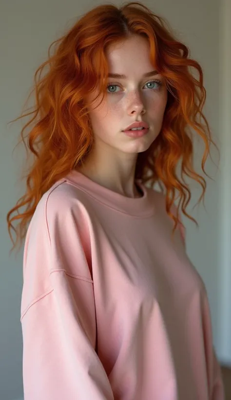 teen, nymphomaniac, redhead hair, curly hair, pale skin, white skin, blue eyes, with sweatshirt pink, dancer body 