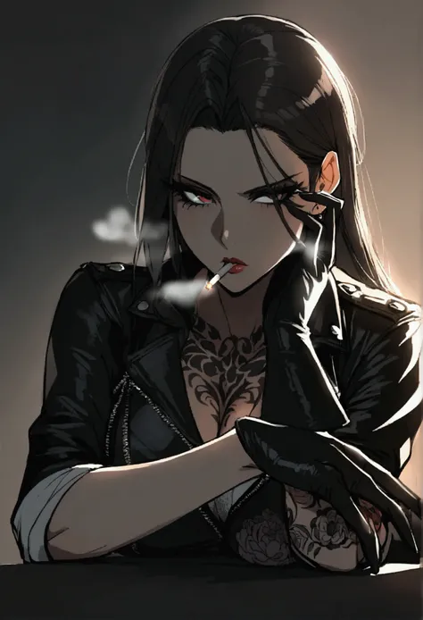 1girl, femdom, dominant woman, extremely seductive stare, black hair, eyeliner, smoking cigarette,  rolled up sleeves, leather jacket, tattoos, feminine hands, long fingers, putting on black gloves