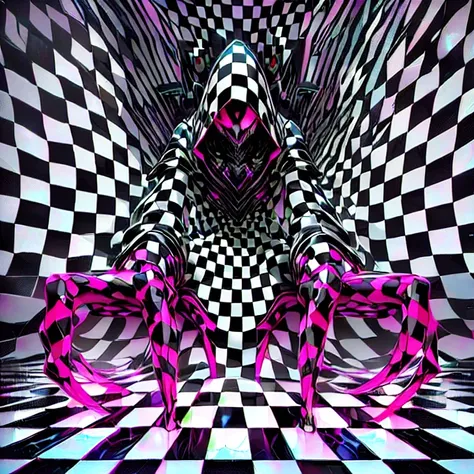 arafed image of a person in a hoodedie sitting on a checkered floor, nightmare digital art, scary color art in 4 k, hyperbeast d...