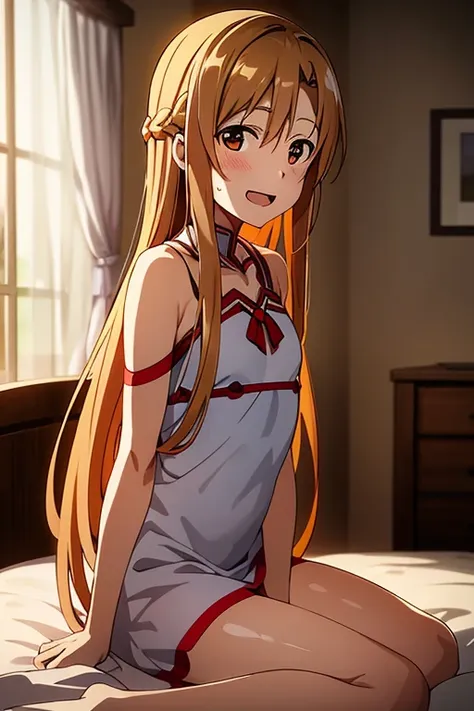 ((best quality)), ((masterpiece)), (be familiar with),  perfect face, indoor, bedroom,  watching viewers,
one woman, yuuki asuna...