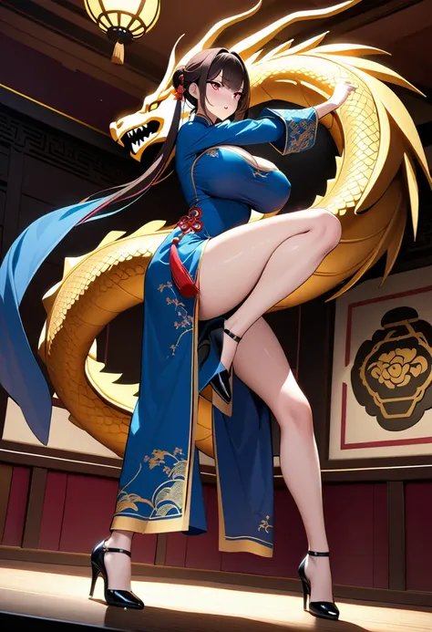 A beautiful assassin who appeared to be of Chinese descent - tall, with beautiful legs, big breasts and an incredible figure - wearing a seductive deep blue Chinese dress embroidered with a golden rising dragon, appeared in a fighting stance, {{kung fu}}, ...