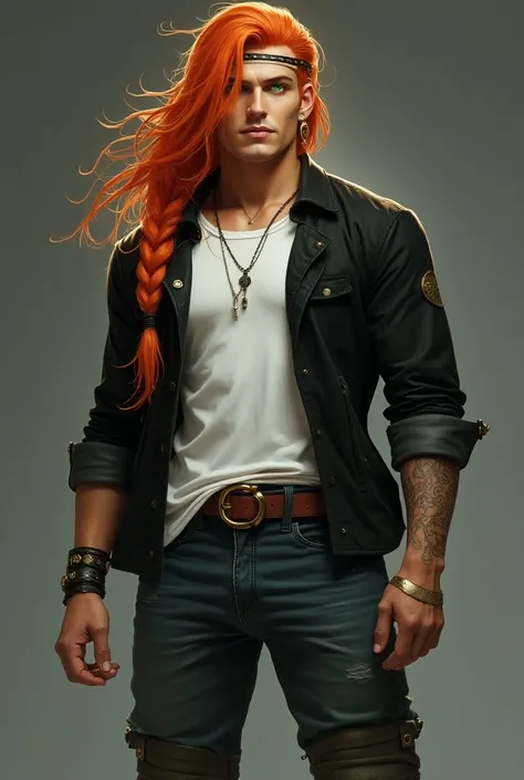 man, long orange hair, defined body, side braid ,  emerald green eyes.  Greek adornment on the hair , wearing a white t-shirt, black jacket,  pants jeans and boot boots ,  wearing gold stockings, High resolution, small hoop earring 