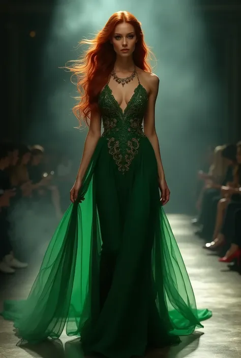 a red haired woman with long hair, in a green sexy dress, 1woman, dramatic pose, flowing dress, intricate patterns, runway, walk...