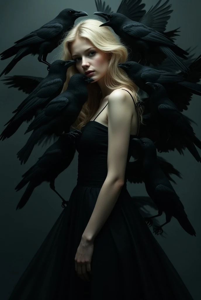 Beautiful three-quarter face , blonde haired girl in a black dress completely covered by a murder of crows 