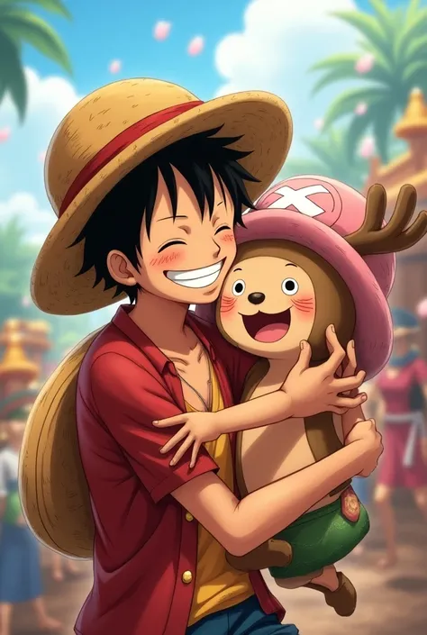 Chopper and Luffy hugging
