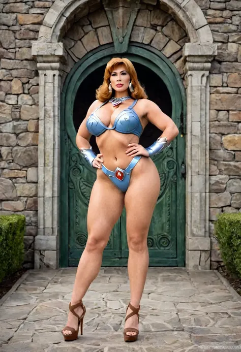 full body shot of a beautiful female with a curvy thick body and large full natural breasts, teela from masters of the universe,...