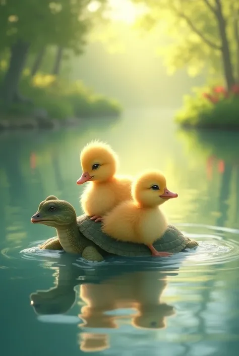 together,The duckling and his turtle friend D and T explored the lake,  discovering hidden secrets and creating unforgettable adventures .  They proved that even different creatures can become familiar.