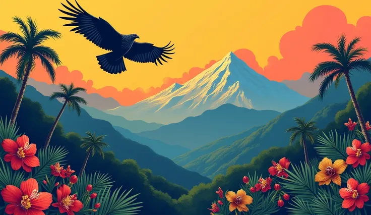 Make me an image of a poster with the Colombian flag, The condor , orchid,  mountains ,  wax palm and the empanada for a podcast called  " voice of the world "