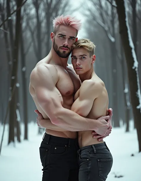 Front view, standing, a very muscular man is embracing a smaller blonde man, homoerotic, sexual tension. (very muscular white man, in the style of 1990s Marky Mark, 1.87m tall, weighing 80kg, medium wavy pastel pink hair, middle part, green eyes, broad sho...