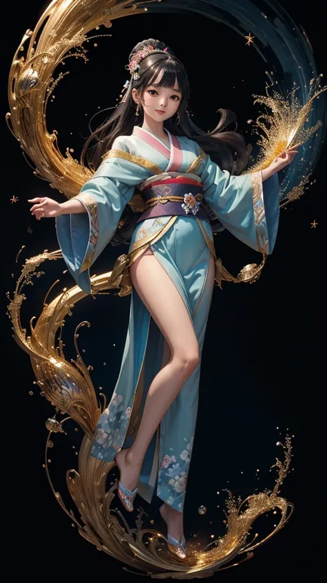 ⒉5D Japan Adult Comic Girl Style The image depicts a captivating small character with flowing black hair cascading down to her feet, elegantly adorned in a traditional Heian-era twelve-layer kimono. She dances gracefully, embodying the essence of beauty an...