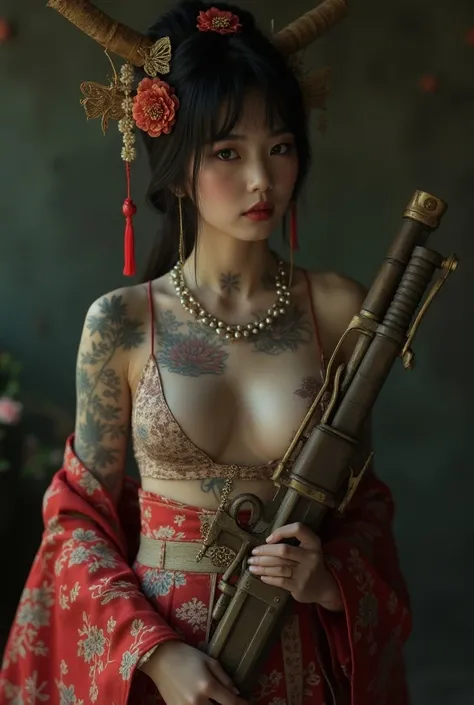 tattoo,korea face,(Full body photo:2.0),(Beautiful face:2.0)),(White skin:2.0),Abstractta,apanese、kimono、geisha、sex slave_tattoo,oily ,cum shot,Dirty talk、Dirty talk graffiti on body、( Big tits, Big cleavage),(Beautiful Hair1.3),Noise,,Diamond Necklace,but...