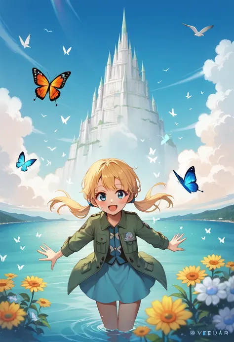 score_9, score_8_above, BREAK
1 girl , general plan, outdoor, Secure skirt , vadear, blue eyes,  Observing Animal , smile, bird,  ponytails , Blonde hair, orange Butterfly, green  short coat, cowboy shot, water, sky, low  ponytails , is, white Butterfly, o...