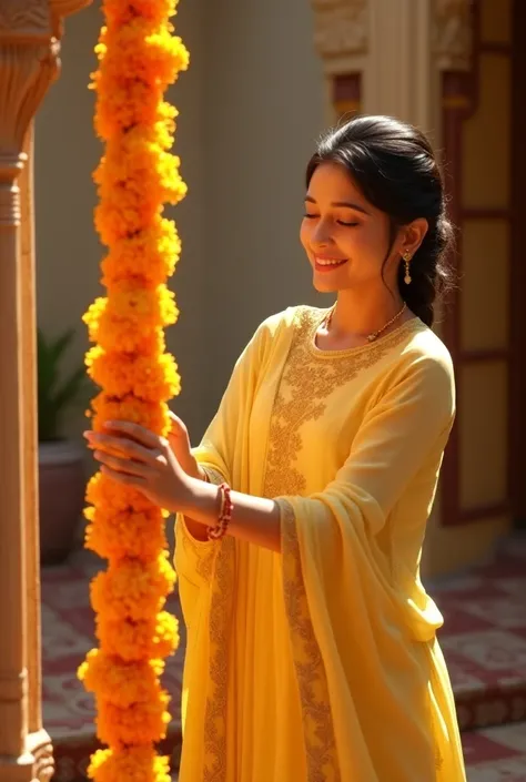 Shrileela and her family work together to decorate the haveli for the wedding. *(The most beautiful matured girl sports a light yellow salwar kameez with delicate embroidery, her hair in a simple bun, as she hangs marigold garlands with laughter.)*
