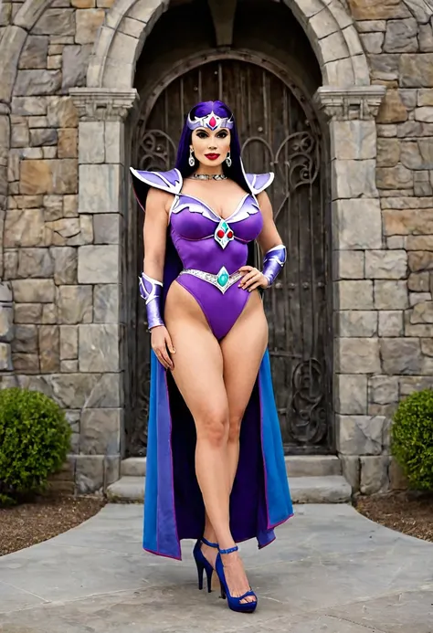 full body shot of a beautiful female with a curvy thick body and large full natural breasts, evil-lyn from masters of the univer...