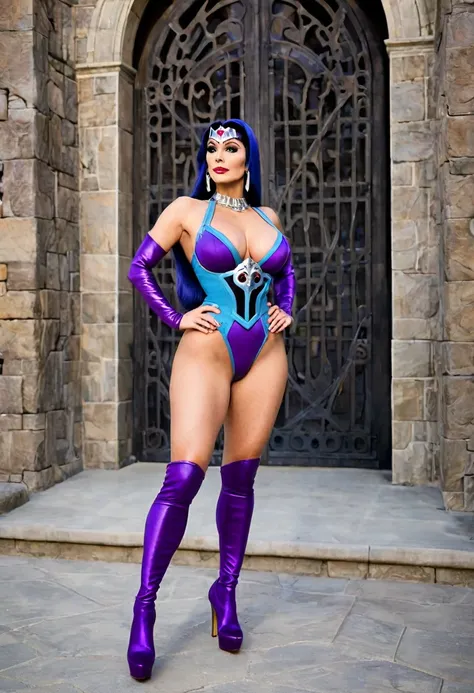 full body shot of a beautiful female with a curvy thick body and large full natural breasts, evil-lyn from masters of the univer...