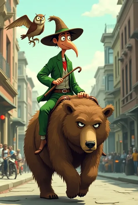  cartoon .  A thin man with an outstretched face and a long nose in green clothes and a narrow-brimmed hat is riding a bear down a city street. an owl is sitting on his shoulder 