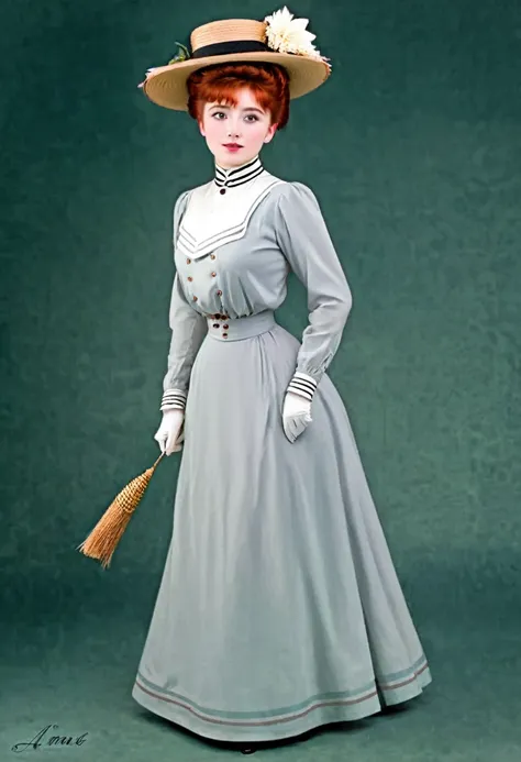 anna as a coquettish 15yo redhead gibson girl of the 1900s. year 1903. 1900_dr3ss. high-collar long sleeve shirtwaist, flower-br...