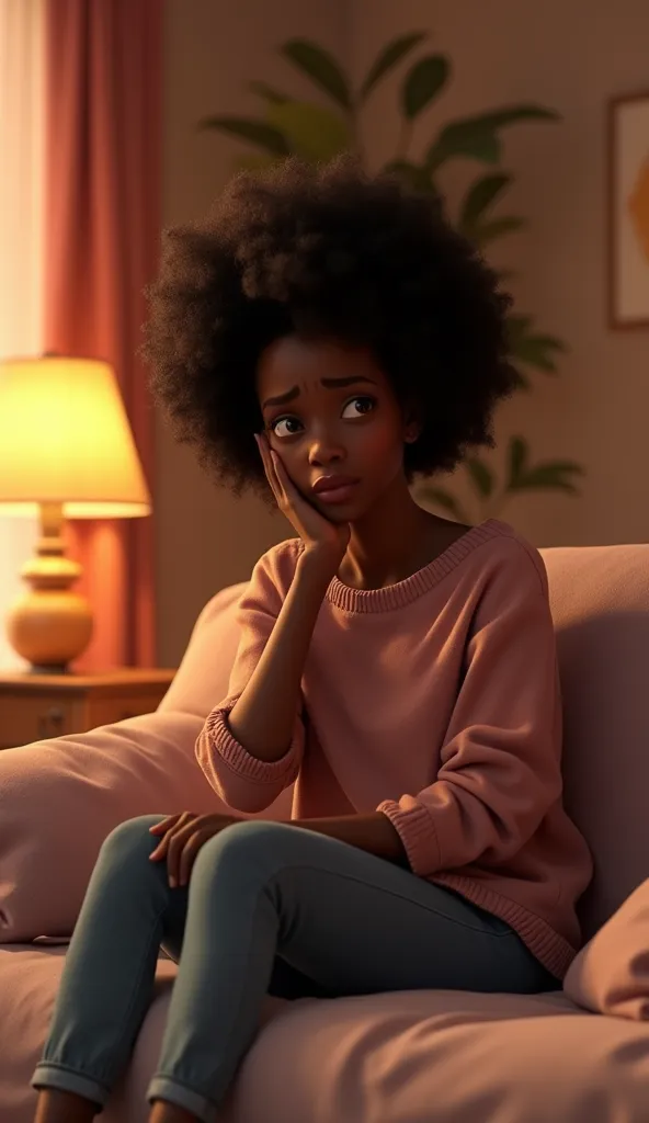 A 40-year-old African woman of black complexion sits in her living room all sad and worried in cartoon-character style. Soft bedding and warm bedroom colors add to the cozy atmosphere, reflecting their love. **Assure yourself that the characters are stylized 3D animated characters in Pixar style, with detailed skin and textures, rendered in 8K with cinematic lighting.