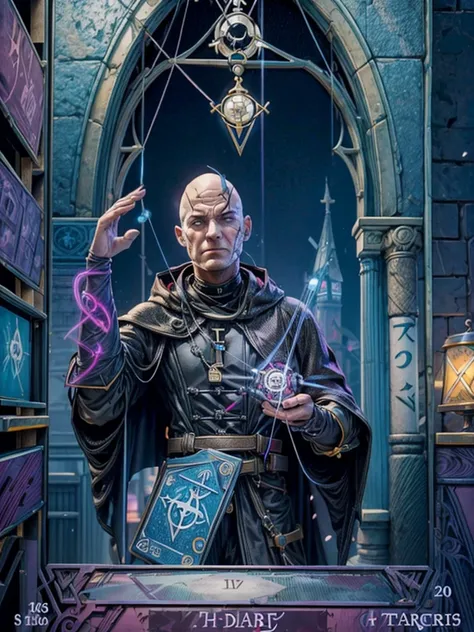 Tarot cards, symbols of life and death, cyberpunk:1.8,  attack, haker, hacking device, bald man, bishop, black cape, rosary, eletronic circutry in background, cables and connectors, futuristic city, neon light, a card shaped hi tech device on  his hand, gi...