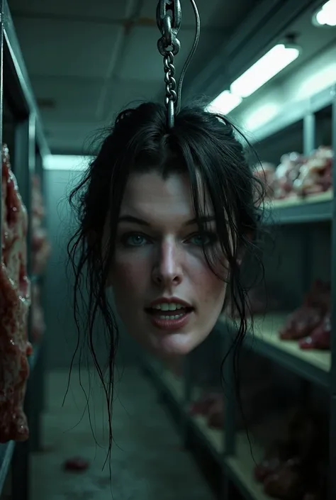 Milla jovovich face found hanging by hook in butcher freezer eyes white