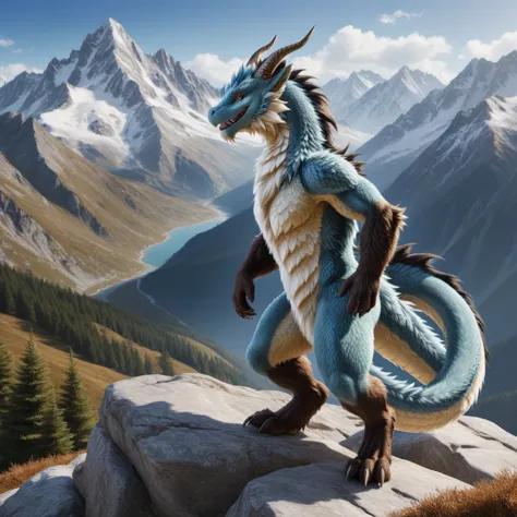 european dragon, fuzzy, fur on all areas of the body, very detailed fur, on all 4 standing , in the high mountains, very high qu...