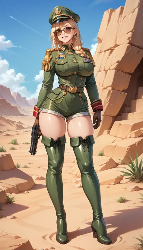 masterpiece,   highest quality , 1 girl, standing, alone,  big breasts, thin waist, thighs grossas, green uniform militar, epaul...