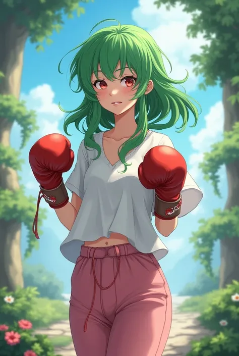 Young woman with green hair, 21, short, wears a loose white shirt and pink pants, boxing gloves on her hands, in a fantasy setting, anime art style.