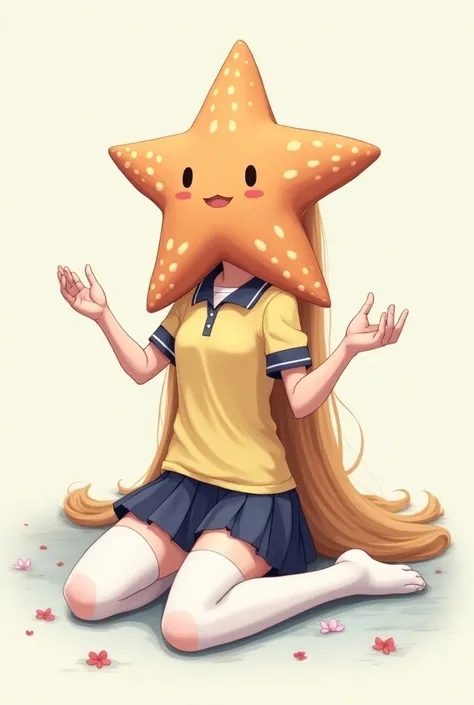 girl, anime, long stockings that reach the thighs ( schoolren color white ) Polo sends short (schoolboy color yellow ),  a large starfish replaces your head,  sitting on her knees , with arms outstretched 