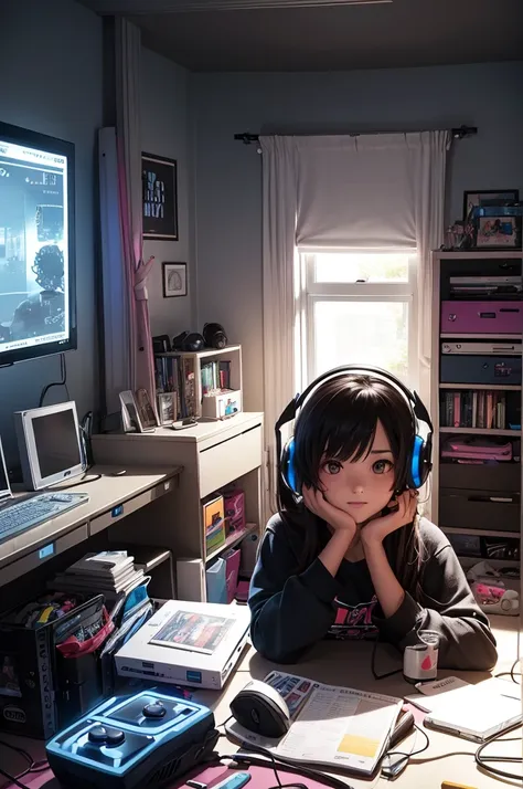 cute girl, gaming room, gaming computer, led lights, dark room, modern room, messy room