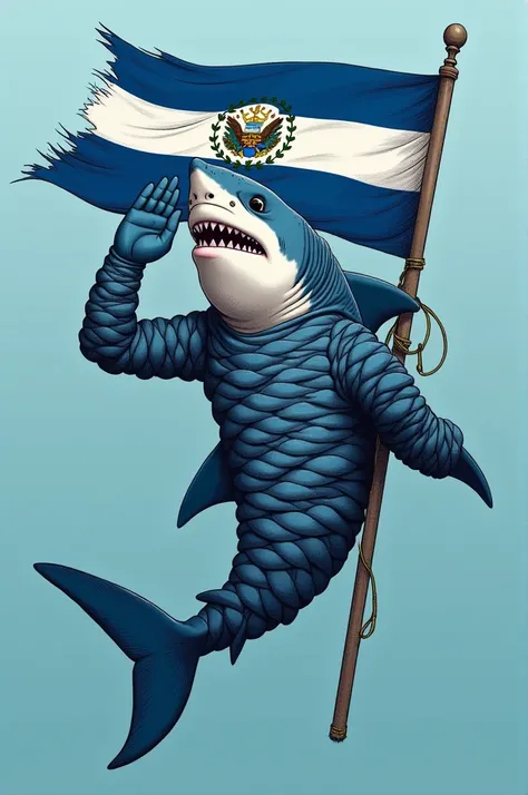 A shark-braided shark with the flag of Honduras making the salute and with a trident in its left hand 
