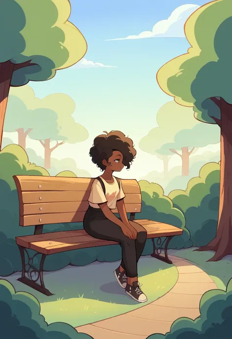 a scene of a girl sitting in a park. she has dark skin and black curly hair, wearing a short-sleeved black dress and dark-colore...