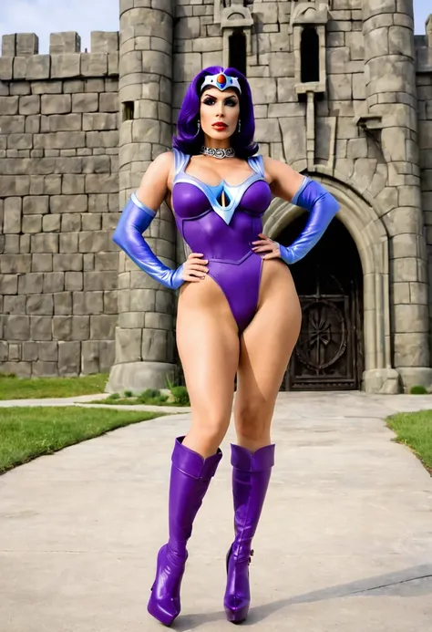 full body shot of a beautiful female with a curvy thick body and large full natural breasts, evil-lyn from masters of the univer...