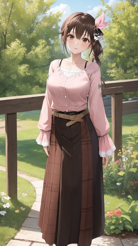 masterpiece, best quality, highres, ts2, brown eyes, pink shirt, long skirt, belt, long sleeves, breasts, cowboy shot, standing,...