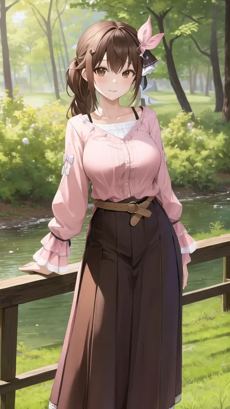 masterpiece, best quality, highres, ts2, brown eyes, pink shirt, long skirt, belt, long sleeves, breasts, cowboy shot, standing,...