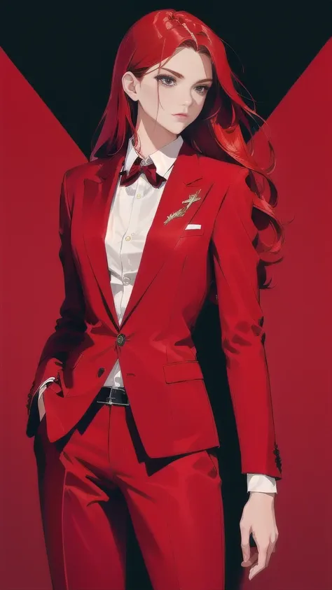 powerful looking red head wearing red suit