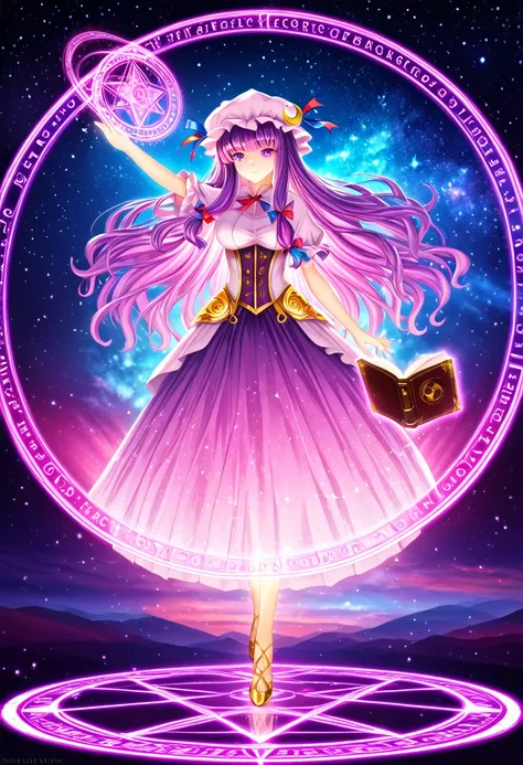 patchouli knowledge, 1girl, purple hair, purple eyes, long hair, mob cap, crescent hat ornament, mob cap, magic circle, holding book in one hand, arm down, walking, full body, glowify, glowing body, glowing skin! Colorful Light, Very Shiny, Very Luminous, ...