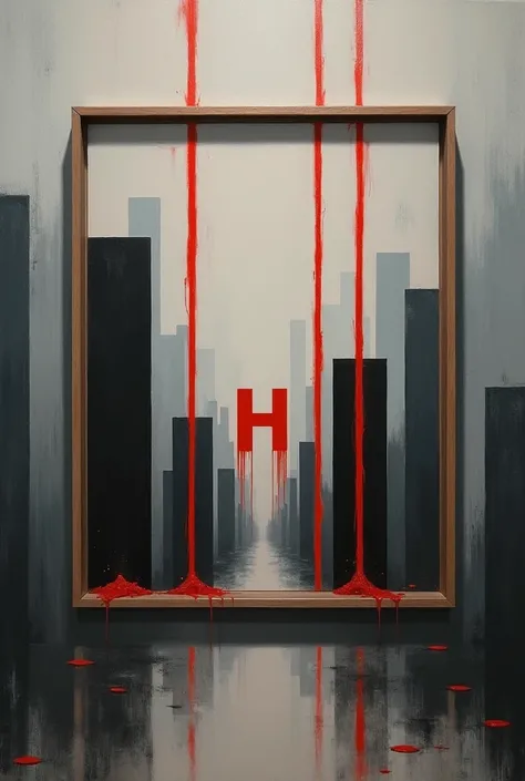  frame is depicted in oil painting as if it were a canvas、Mr.々Draw gray and black shapes 、 A red thread runs vertically and horizontally unmanned 、In the middle[H]The red letter 