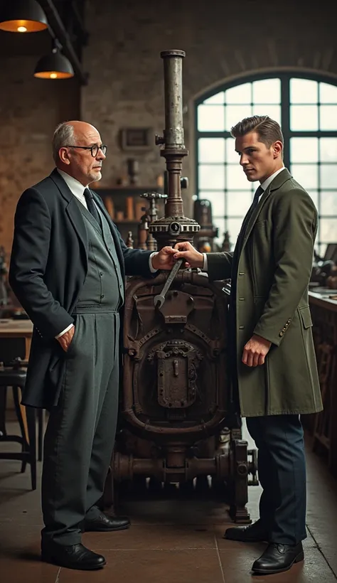 two entrepreneurs in a vintage industrial workshop from the early 1900s. both men are wearing work overalls, one in a dark suit ...