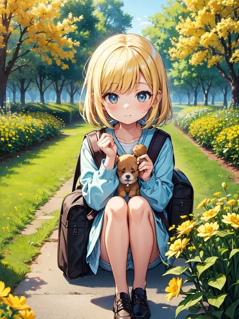 tip: a very charming  with a backpack and her cute puppy enjoying a lovely spring outing surrounded by beautiful yellow flowers ...