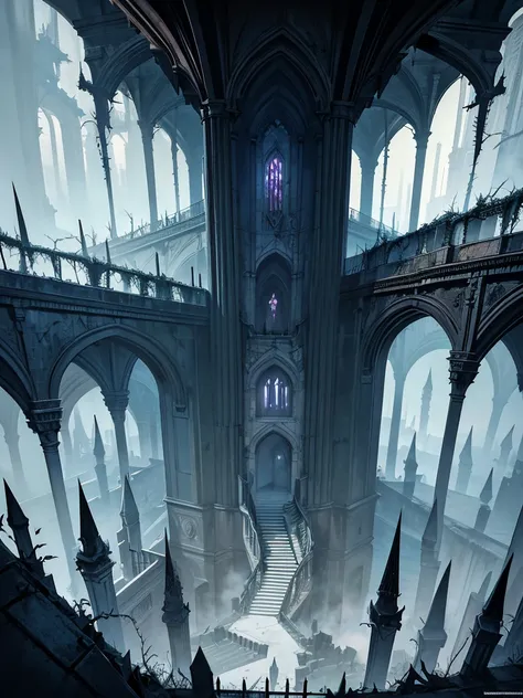 vast angle, view from the top of peak, inside of dol guldur, dark floors, one floor with balcony to abyss view, and floor with m...